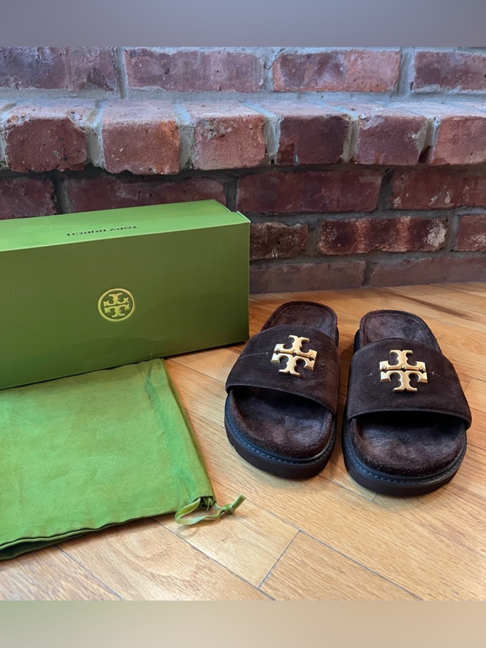 Tory Burch Brown Suede Everly Anatomic Lug Slide Sandals